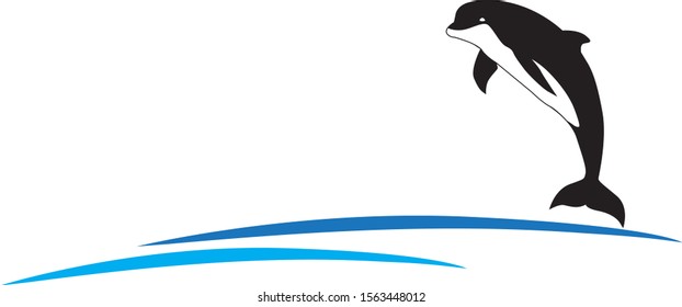 Vector logo of dolphin jump with wave in the sea. Company design template