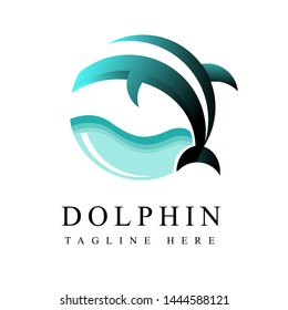 Vector logo of dolphin on the sea with blue theme.