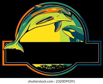 vector logo dolphin swimming in the sea on black background