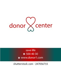 Vector logo "donor center." Flyer contact information. Two hearts as communicating vessels. Save a life