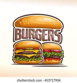 Vector logo double burgers, cut bun sesame, meat beef hamburger grilled patty, pickle, slice cheese cheddar, leaf lettuce salad, tomato ketchup. Big Burger menu for american fast food cafe takeaway