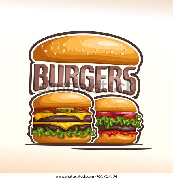 Vector logo double burgers, cut bun sesame, meat\
beef hamburger grilled patty, pickle, slice cheese cheddar, leaf\
lettuce salad, tomato ketchup. Big Burger menu for american fast\
food cafe takeaway