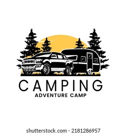 Vector logo of Double cabin car pulling caravan trailer with pine tree and sunset background, caravan trailer for adventure and seasonal camping.