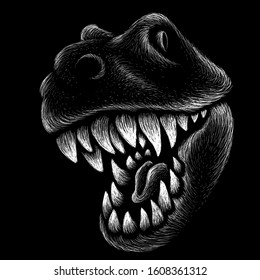 The Vector logo dragon  or dinosaur on black cloth for T-shirt print  design or outwear.  Hunting style reptile background. This drawing would be nice to make on the black fabric or canvas.