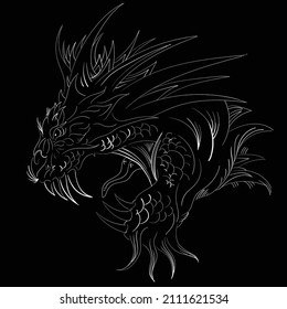 The Vector logo dragon or dinosaur on black cloth for T-shirt print  design or outwear.  Hunting style reptile background. This drawing would be nice to make on the black fabric or canvas.