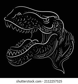 The Vector logo dragon or dinosaur on black cloth for T-shirt print  design or outwear.  Hunting style reptile background. This drawing would be nice to make on the black fabric or canvas.