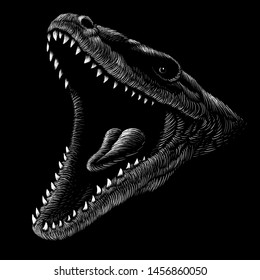 The Vector logo dragon or dinosaur  for T-shirt print  design or outwear.  Hunting style reptile background.