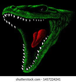 The Vector logo dragon or dinosaur  for T-shirt print  design or outwear.  Hunting style reptile background. This drawing would be nice to make on the black fabric or canvas.