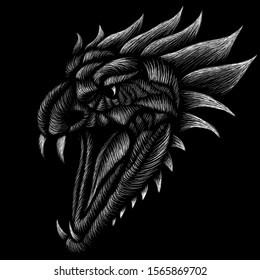 The Vector logo dragon or dinosaur  for T-shirt print  design or outwear.  Hunting style reptile background. This drawing would be nice to make on the black fabric or canvas.