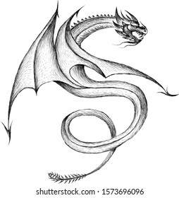 The Vector logo dragon or dinosaur  for T-shirt print  design or outwear.  Hunting style reptile background. This drawing would be nice to make on the black fabric or canvas.