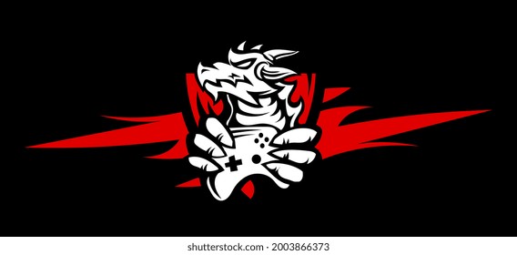Vector logo dragon head with joystick on black background. Line art flat style design of strong animal dragon