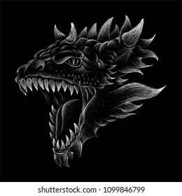 The Vector logo dragon for T-shirt design or outwear.  Hunting style dragon background.