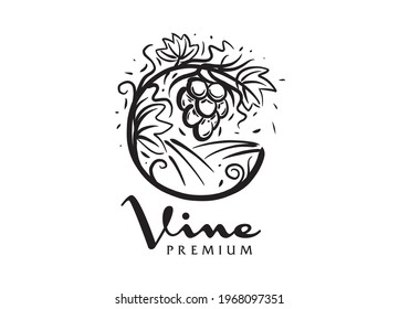 Vector logo drawn by hand. Landscape of vineyards for making wine