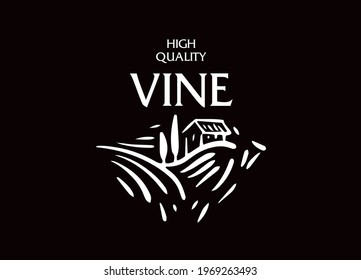 Vector logo drawn by hand. Landscape of vineyards for making wine