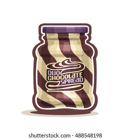 Vector logo Duo swirl Chocolate Spread Jar with label, container jar with brown hazelnut milk cream snack with purple cap, pot butter nuts dessert spread paste with lid for breakfast isolated on white