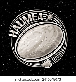 Vektor-Logo für Zwergplanet Haumea, dekorativer Cosmo-Druck mit umkreisenden Monden Hi'iaka und Namaka um den Planeten, quadratisches Raum-Poster mit einzigartigem Buchstaben für grauen Text haumea auf schwarzem Sternenhimmel-Hintergrund