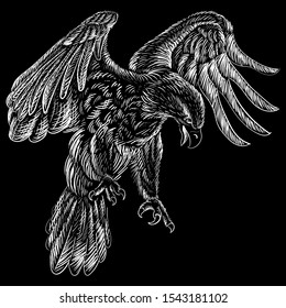 The Vector logo eagle for tattoo or T-shirt design or outwear.  Hunting style eagle background. This drawing is for black fabric or canvas.