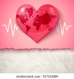 Vector logo with Earth in the form of heart. Heart and pulse.