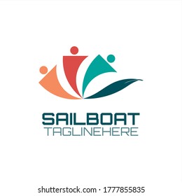 Vector logo for education and society with illustrations of three people standing up to balance and a feather pen forming a sailboat
