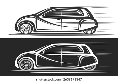 Vector logo for Electric Urban Car, monochrome automotive banners with contour clip art illustration of budget concept car in moving, artwork of running car from future on black and white background