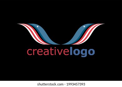 Vector logo element with american flag pattern forming wing or head of an eagle or bird or dolphin or whale with the initials "V" or "U" or "SS".