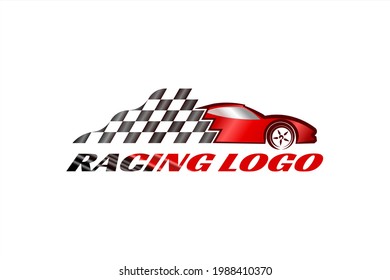 Vector logo element with for auto racing championship with sports car illustration and start flag or finish flag.