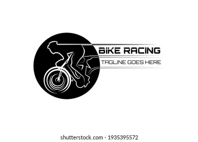 Vector logo element for Bike Racing Championship with bicycle racing athlete silhouette illustration in circle and black and white color style