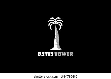 Vector logo element with illustration of date palm, coconut or palm tree and skyscraper tower. Usable for hotel, apartment, real estate and general construction logos.