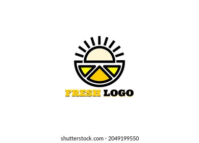 Vector logo element with illustration of orange split and shining sun. Usable for fresh drink logos, recreation areas and general business logos.
