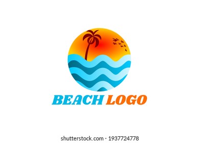 Vector logo element with illustration of sea view, water waves, sunset, coconut trees and flying birds. Usable for marine tourism logos and general tourism businesses.