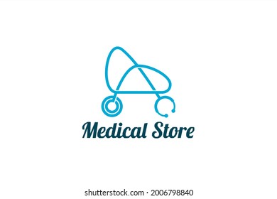 Vector logo element with illustration of a stethoscope in the shape of a shopping trolley or stroller. Usable for logos of medical devices or baby clinics and pharmacies or drugstores