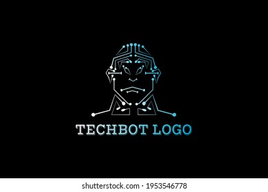 Vector logo element with a male robot illustration of an electronic circuit or DNA pattern. Usable for application logos, games, robotics, artificial intelligence and general tech logos.