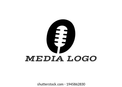 Vector logo element with microphone illustration in negative space and initials "O" in positive space. Usable for media logos, general information and communications.