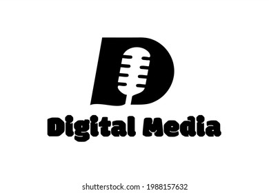 Elemento de logotipo vectorial con ilustración de micrófono que forma las iniciales "D". Usable para los logotipos generales de medios, música y tecnología.