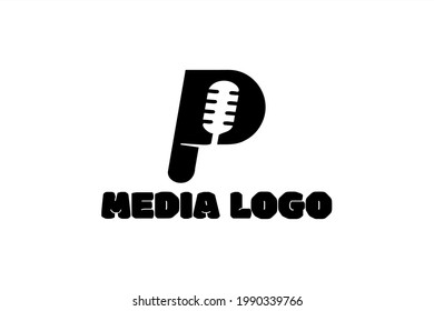 Vector logo element with microphone illustration forming the initials "P". Usable for general media, music and Technology logos.