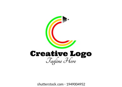 Vector Logo Element With Pencil Illustration With Outline Pattern In Rainbow Color Forming Initials 