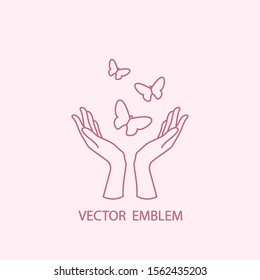 Vector logo / element in simple linear modern style for design, logo, website / hands and butterflies 