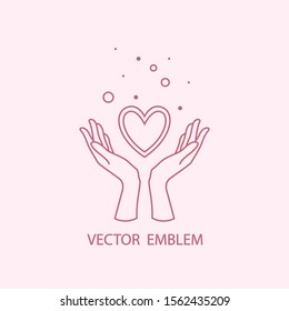 Vector logo / element in simple linear modern style for design, logo, website / hands and heart