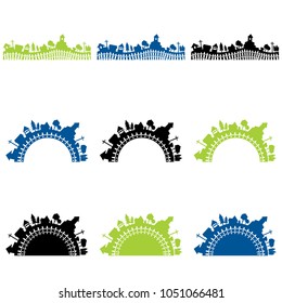 Vector logo elements with village building outlines and wooden fences