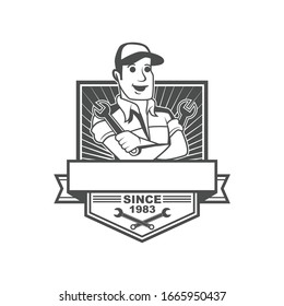Logo vectorial, emblema, plantilla de diseño de placa con tema mecánico