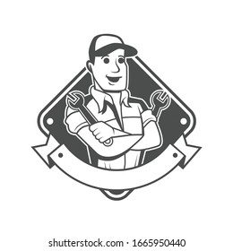 Vektorillustration-Logo, Emblem, Badge-Design-Vorlage mit mechanischem Design