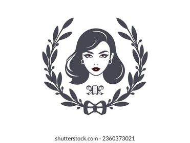 Vector logo or emblem of a beauty salon. Portrait of a beautiful attractive sweet burning brunette with gorgeous eyes. Patterned wreath. Isolated white background.