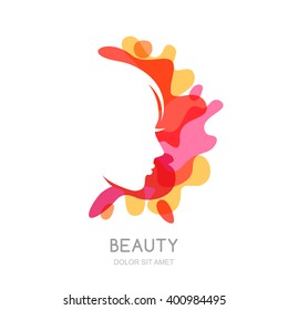 Vector logo, emblem design elements with female profile on abstract splash background. Beautiful woman face. Concept for beauty salon, makeup and cosmetics, cosmetology procedures and spa.