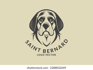 Logo o emblema del vector. La cabeza de un perro triste de San Bernardo. Retrato de cachorro. Pegatina o icono en el fondo aislado.