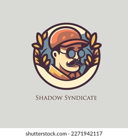 Vector logo, emblem, label, badge and design element with a portrait of a man in a cap and glasses. detective in a cap and glasses
