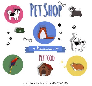 Vector logo, emblem, label design elements for pet shop, zoo shop, pets care and goods for animals. Sketch lettering in paw shape. Pet store signboard concept. artist business card.
