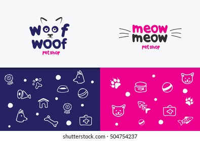 Vector logo, emblem, label design elements for pet shop, zoo shop, pets care and goods for animals. woof woof, meow meow, cat mustache, dog muzzle, Pet store signboard concept, bowl, bone, fish,