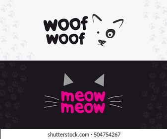 Vector logo, emblem, label design elements for pet shop, zoo shop, pets care and goods for animals. woof woof, meow meow, cat mustache, dog muzzle, Pet store signboard concept