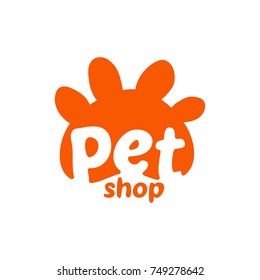 Vector logo, emblem, label design elements for pet shop, zoo shop, pets care and goods for animals. Hand drawn lettering in paw shape. Pet store signboard concept vector logo design template