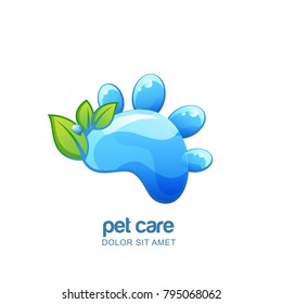 Vector logo, emblem, label design elements for pet organic care, shampoo, cosmetic or grooming. Cat or dog paw with clean water texture and green leaves.